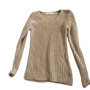 Loft Women's V-Neck Chunky Knit Sweater - Beige and Gold Sparkly